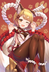 Rule 34 | 1girl, ;d, animal ears, ass, bare shoulders, blonde hair, blush, braid, breasts, brown eyes, brown pantyhose, claw pose, detached sleeves, dog ears, dog tail, erune, granblue fantasy, hands up, highres, looking at viewer, one eye closed, open mouth, pantyhose, paw print, rope, shimenawa, short hair, sideboob, simple background, small breasts, smile, solo, tail, tomo (tmtm mf mf), vajra (granblue fantasy), wide sleeves