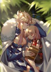 Rule 34 | 2girls, aged down, arm up, artoria pendragon (fate), artoria pendragon (lancer) (fate), black dress, blonde hair, blue eyes, blurry, book, braid, breasts, cleavage, cloak, closed eyes, closed mouth, crown, dappled sunlight, depth of field, dress, fate/apocrypha, fate/grand order, fate (series), fur trim, hair between eyes, half updo, hand up, holding, holding book, light smile, looking at another, mordred (fate), mordred (fate/apocrypha), mother and daughter, multiple girls, open mouth, outdoors, parted bangs, short sleeves, sidelocks, sleeping, sunlight, yorukun