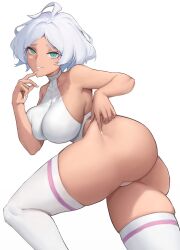 Rule 34 | 1girl, absurdres, aqua eyes, ass, breast press, breasts, commentary request, cowlick, dark-skinned female, dark skin, finger to own chin, grey hair, gundam, gundam suisei no majo, halterneck, highleg, highleg leotard, highres, large breasts, leotard, looking at viewer, nail polish, parted lips, secelia dote, short hair, smile, solo, thighhighs, thighs, white background, white leotard, white nails, white thighhighs, wizast
