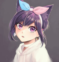 Rule 34 | 1other, alex (pas (paxiti)), animal ear fluff, animal ears, bisexual, bisexual flag, cat ears, choker, drawstring, ear piercing, earrings, eleonore (pas (paxiti)), eyeliner, fang, grey background, hairband, highres, hood, hood down, hoodie, jewelry, lgbt pride, looking at viewer, makeup, non-binary flag, original, parted lips, pas&#039; black-haired catperson, pas (paxiti), piercing, purple eyes, purple hair, short hair, sidelocks, simple background, solo, transgender flag, upper body, white choker, white hairband, white hoodie