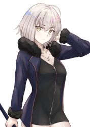 Rule 34 | 1girl, absurdres, ahoge, anchor necklace, arm behind head, black dress, blue jacket, breasts, cleavage, collarbone, cowboy shot, dress, fate/grand order, fate (series), fur-trimmed jacket, fur-trimmed sleeves, fur trim, hair between eyes, hand in own hair, hand up, highres, holding, jacket, jeanne d&#039;arc (fate), jeanne d&#039;arc alter (fate), jeanne d&#039;arc alter (ver. shinjuku 1999) (fate), jewelry, long sleeves, looking at viewer, medium breasts, necklace, official alternate costume, okuma707, open clothes, open jacket, short dress, short hair, silver hair, simple background, solo, standing, white background, yellow eyes