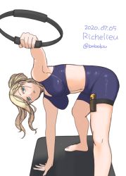 Rule 34 | 1girl, alternate costume, alternate hairstyle, bike shorts, blonde hair, blue eyes, bobokuboboku, character name, dated, exercising, hair between eyes, highres, kantai collection, long hair, looking at viewer, mole, mole under eye, mole under mouth, one-hour drawing challenge, ponytail, richelieu (kancolle), ring-con, ring fit adventure, simple background, solo, sports bra, thigh strap, twitter username, white background, yoga mat