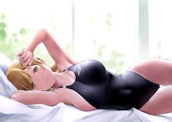Rule 34 | 1girl, bare shoulders, black one-piece swimsuit, blonde hair, blush, breasts, competition swimsuit, covered navel, drill hair, highleg, highleg swimsuit, highres, large breasts, long hair, looking at viewer, mahou shoujo madoka magica, mahou shoujo madoka magica (anime), one-piece swimsuit, smile, solo, swimsuit, thighs, tomoe mami, wa (genryusui), yellow eyes