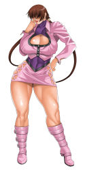 Rule 34 | 1girl, abs, boots, breasts, cleavage, cleavage cutout, clothing cutout, curvy, earrings, hair over eyes, hand on own hip, hideaki honjou, highres, huge breasts, jewelry, knee boots, lipstick, long hair, makeup, miniskirt, muscular, muscular female, pencil skirt, pink footwear, ponytail, shermie (kof), simple background, skirt, snk, solo, the king of fighters, thick thighs, thighs, twintails, white background