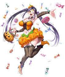 Rule 34 | 1girl, bare shoulders, breasts, candy, curvy, eyelashes, food, full body, green eyes, halloween costume, highres, jumping, large breasts, lilith-soft, long hair, looking at viewer, one eye closed, open mouth, pumpkin costume, shiny skin, skirt, smile, solo, taimanin (series), taimanin rpgx, twintails, very long hair, wink, yubashiri hayate, zol