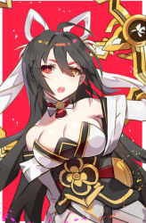 Rule 34 | 1girl, ahoge, allos, ara haan, black hair, breasts, character request, choker, cleavage, elsword, hair ribbon, heterochromia, highres, japanese clothes, long hair, open mouth, red eyes, ribbon, shakti (elsword), solo, upper body, yellow eyes