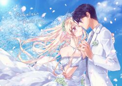 Rule 34 | 1boy, 1girl, armpit crease, bare shoulders, blonde hair, blue eyes, blue hair, blue sky, blush, breasts, bridal gauntlets, bridal veil, cherry blossoms, collarbone, commentary request, commission, commissioner name, couple, dress, dress flower, english text, eye contact, floating hair, formal, hand on another&#039;s back, hand on another&#039;s waist, hetero, highres, holding hands, jewelry, light smile, long hair, looking at another, necklace, necktie, original, oroneko, pink eyes, ring, shiny skin, short hair, skeb commission, sky, smile, suit, thank you, veil, wedding dress, wedding ring, white bridal gauntlets, white suit