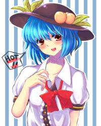Rule 34 | 1girl, alternate hair length, alternate hairstyle, bad id, bad pixiv id, blue hair, blush, bow, collar tug, female focus, food, fruit, hat, head tilt, hinanawi tenshi, looking at viewer, peach, red eyes, ribbon, sadomochi, short hair, solo, striped, striped background, sweat, touhou, unbuttoned, undressing, upper body