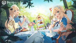 Rule 34 | 2girls, alternate costume, apron, azur lane, black bow, blonde hair, blue dress, blue eyes, blunt bangs, blurry, bow, bug, butterfly, cake, cake slice, candelabra, candle, candlestand, chair, croissant, crossed legs, crown, cup, day, depth of field, dress, drinking glass, enmaided, fang, flower, food, frilled apron, frilled dress, frilled gloves, frills, fruit tart, gloves, hair bow, highres, icarus (at your service) (azur lane), icarus (azur lane), insect, jam, long hair, looking at viewer, macaron, maid, maid headdress, mini crown, multiple girls, official alternate costume, official art, open mouth, outdoors, pantyhose, pastry, queen elizabeth (azur lane), queen elizabeth (yes your maidness!) (azur lane), saucer, sitting, skin fang, smile, sunlight, table, tart (food), teacup, teapot, tiered tray, tray, ttosom, vase, wavy hair, white apron, white bow, white gloves, white legwear, wine glass