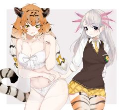 Rule 34 | 2girls, :3, ?, animal ear fluff, animal ears, animal print, bare shoulders, black eyes, black hair, bow, bow panties, breasts, brown vest, collarbone, cosplay, costume switch, dnsdltkfkd, fang, garter straps, gradient hair, grey background, hair ribbon, highres, kemono friends, large breasts, long hair, long sleeves, looking at viewer, low twintails, mexico salamander (kemono friends), mexico salamander (kemono friends) (cosplay), multicolored hair, multiple girls, navel, necktie, orange hair, panties, parted lips, plaid, plaid neckwear, plaid ribbon, plaid skirt, pleated skirt, ribbon, see-through, shirt, siberian tiger (kemono friends), siberian tiger (kemono friends) (cosplay), simple background, skirt, smile, tail, thighhighs, tiger ears, tiger print, tiger tail, tress ribbon, twintails, underwear, vest, white hair, white panties, white shirt, wing collar, yellow eyes, yellow neckwear, yellow ribbon, yellow skirt