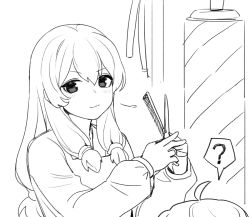 Rule 34 | 1girl, 1other, ?, ahoge, barber, barber pole, cain (gunnermul), closed mouth, comb, greyscale, hair between eyes, holding, holding comb, holding scissors, long hair, looking at viewer, monochrome, original, out of frame, scissors, sketch, smile