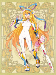Rule 34 | 1girl, aqua eyes, blonde hair, blush, bodysuit, breasts, cameltoe, character request, covered navel, covered erect nipples, full body, holding, impossible bodysuit, impossible clothes, long hair, looking at viewer, medium breasts, official art, open mouth, psychic hearts, round teeth, ryoji (nomura ryouji), smile, solo, standing, sword, teeth, weapon