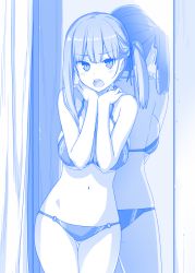 Rule 34 | 1girl, angry, bikini, blue theme, blush, breasts, cleavage, covering privates, covering breasts, female focus, fitting room, hair ribbon, halterneck, hands on own shoulders, himura kiseki, large breasts, looking at viewer, looking away, looking to the side, mirror, monochrome, navel, o-ring, o-ring bottom, open mouth, original, reflection, ribbon, short hair, side ponytail, sideboob, solo, string bikini, sweat, swimsuit, underboob