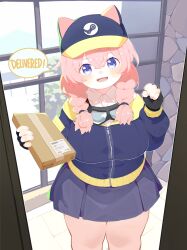 Rule 34 | !, 1girl, absurdres, animal ears, arrow (symbol), blue eyes, blue hat, blue skirt, box, braid, breasts, buttons, cardboard box, clenched hand, commentary request, cowboy shot, english text, fake animal ears, fingerless gloves, gloves, goggles, goggles around neck, hair between eyes, hat, highres, large breasts, long hair, long sleeves, looking at viewer, low-tied long hair, open mouth, original, pink hair, pleated skirt, recycling symbol, skirt, solo, spoken exclamation mark, steam (platform), thick thighs, thighs, twin braids, wing collar, zao (pixiv 15847342), zipper, zipper pull tab