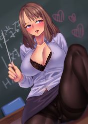 Rule 34 | 1girl, 2016, black bra, blouse, blurry, blush, board eraser, bra, bra peek, breasts, brown hair, cameltoe, chalkboard, chalkboard writing, classroom, cleavage, cleft of venus, dated, depth of field, desk, dutch angle, indoors, knee up, large breasts, lips, long hair, miniskirt, nail polish, no panties, on desk, open clothes, original, pantyhose, parted lips, pink nails, pointer, purple eyes, pussy, red lips, school, shirt, sitting, on desk, skirt, solo, teacher, thighband pantyhose, underwear, upskirt, zheng