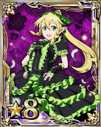 Rule 34 | 10s, blonde hair, card (medium), dress, feathers, gothic lolita, green eyes, hair between eyes, hair ornament, hands on own hips, high ponytail, leafa, lolita fashion, long hair, looking at viewer, open mouth, pointy ears, solo, star (symbol), sword art online, white feathers