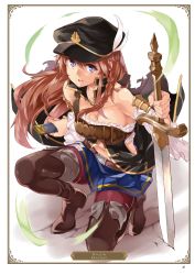 Rule 34 | 1girl, artist name, black hat, blue eyes, blue skirt, boots, braid, breasts, brown footwear, brown hair, card (medium), character name, cleavage, collarbone, crack, cracked floor, floating hair, full body, granblue fantasy, hair between eyes, hat, highres, holding, holding sheath, holding sword, holding weapon, lecia (granblue fantasy), long hair, looking at viewer, mamedenkyuu (berun), medium breasts, midriff, miniskirt, navel, on one knee, open mouth, page number, pants, pleated skirt, red pants, scabbard, sheath, shiny skin, skirt, solo, stomach, sword, thigh boots, thighhighs, very long hair, weapon