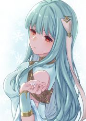 Rule 34 | 1girl, bad id, bad twitter id, bare shoulders, blue hair, blush, cape, dress, fire emblem, fire emblem: the blazing blade, fire emblem heroes, hair ornament, highres, hoshido1214, long hair, looking at viewer, ninian, nintendo, red eyes, simple background, solo