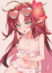 Rule 34 | 1girl, ahoge, arknights, bikini, bikini pull, breasts, clothes pull, eyewear on head, flower, frilled bikini, frills, green eyes, groin, hair flower, hair ornament, heart, heart-shaped eyewear, heart-shaped pupils, highres, jewelry, long hair, looking at viewer, myrtle (arknights), myrtle (summer flowers) (arknights), navel, necklace, nipples, official alternate costume, pink-framed eyewear, pink background, pink bikini, pointy ears, pulling own clothes, red hair, shell, shell necklace, simple background, small breasts, solo, swimsuit, symbol-shaped pupils, tongue, tongue out, yakurope-moko