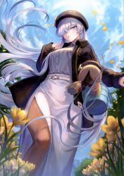 Rule 34 | 1girl, absurdres, anastasia (fate), black jacket, blue eyes, blue sky, blush, breasts, bucket, buttons, cloud, cloudy sky, dool, dress, fate/grand order, fate (series), flower, hair over one eye, highres, jacket, long sleeves, looking at viewer, mashuu (neko no oyashiro), medium breasts, open clothes, open jacket, pantyhose, parted lips, petals, scan, silver hair, sky, solo, toy, viy (fate)