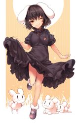 Rule 34 | 1girl, :3, animal, animal ears, black dress, black hair, breasts, carrot necklace, closed mouth, clothes lift, dress, dress lift, highres, inaba mob (touhou), inaba tewi, looking at viewer, midori (misuriru8), necklace, one eye closed, rabbit, rabbit ears, red eyes, short hair, short sleeves, small breasts, smile, touhou