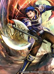 Rule 34 | 1boy, armor, axe, blue eyes, blue hair, cape, company connection, copyright name, fire emblem, fire emblem: the blazing blade, fire emblem cipher, gauntlets, hector (fire emblem), holding, holding weapon, male focus, matching hair/eyes, nintendo, open mouth, shoulder armor, smile, solo, pauldrons, wada sachiko, weapon