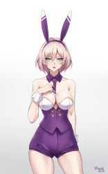 Rule 34 | 1girl, absurdres, animal ears, arm behind back, bare arms, bare shoulders, between breasts, blue eyes, breasts, buttons, cleavage, commentary request, detached collar, double-breasted, fake animal ears, gridman universe, hair between eyes, hand up, highres, large breasts, legs apart, leotard, looking at viewer, medium hair, mizuki3000, mole, mole on breast, mujina, necktie, necktie between breasts, open mouth, playboy bunny, purple shorts, shorts, signature, simple background, solo, ssss.dynazenon, teeth, thighs, tongue, tongue out, upper teeth only, wrist cuffs