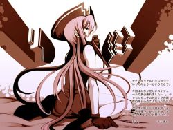 Rule 34 | 00s, 1girl, al azif, ankle boots, arm support, ass, bare shoulders, boots, closed mouth, demonbane, eyebrows, finger in own mouth, glaring, gloves, half-closed eyes, hat, long hair, monochrome, mura, mura (kiyohime), pink hair, pink theme, sidelocks, sitting, solo, thighs, very long hair, wariza