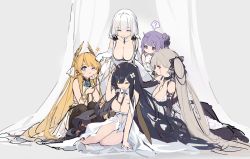 Rule 34 | 4girls, 5girls, ?, absurdly long hair, absurdres, ahoge, azur lane, bare shoulders, between breasts, black dress, black hair, black ribbon, blonde hair, blue eyes, blue flower, blue rose, blush, breast rest, breasts, breasts on head, center opening, cleavage, closed eyes, clothing cutout, curtains, detached collar, dress, elbow gloves, flower, formidable (azur lane), frilled dress, frills, gloves, grey background, grey hair, hair bun, hair flower, hair ornament, hair ribbon, hand on another&#039;s head, headpat, highres, huge breasts, illustrious (azur lane), indomitable (azur lane), jewelry, kincora, large breasts, laurel crown, leaning forward, long hair, multiple girls, no headwear, official alternate costume, one eye closed, pantyhose, purple eyes, purple hair, red eyes, ribbon, rose, simple background, single hair bun, single side bun, sitting, sketch, sleeping, sleeveless, sleeveless dress, smile, spoken question mark, strapless, strapless dress, thighhighs, twintails, two-tone dress, two-tone ribbon, unicorn (azur lane), very long hair, victorious (azur lane), wariza, white dress, white gloves, white hair