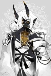 Rule 34 | bare shoulders, bubble tea, colored sclera, colored skin, drinking, fingernails, gold nails, hair over one eye, highres, horns, japanese clothes, kimono, kintsugi, long fingernails, long hair, obi, one eye covered, oni, oni horns, original, pointy ears, sash, sharp fingernails, solo, wavy hair, white hair, white kimono, yellow eyes, yellow sclera, zetallis