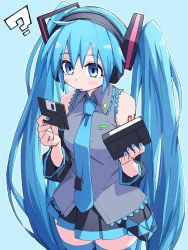 Rule 34 | 1girl, ?, bare shoulders, black skirt, black sleeves, black thighhighs, blue background, blue eyes, blue hair, blue nails, blue necktie, commentary, confused, cowboy shot, detached sleeves, floppy disk, grey shirt, hair ornament, hatsune miku, headphones, highres, holding, light blush, long hair, looking at object, miniskirt, nail polish, necktie, pleated skirt, shirt, shoulder tattoo, skirt, sleeveless, sleeveless shirt, solo, tattoo, thighhighs, twintails, very long hair, videocassette, vocaloid, yachima tana, zettai ryouiki