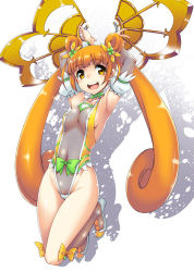 Rule 34 | 1girl, adapted costume, areola slip, armpits, arms up, bare shoulders, bow, breasts, brown hair, choker, covered erect nipples, covered navel, cure rosetta, detached sleeves, dokidoki! precure, double bun, elbow gloves, fishnets, flower, gloves, hair bun, hair ornament, hisakawa chin, leotard, long hair, looking at viewer, midair, open mouth, precure, pussy, pussy peek, revealing clothes, ribbon, see-through, see-through leotard, solo, taimanin suit, teeth, twintails, uncensored, waist bow, weapon, wrist cuffs, yotsuba alice