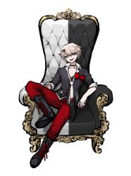 Rule 34 | 1boy, :d, absurdres, bear hair ornament, black choker, black footwear, black shirt, blonde hair, blue eyes, boots, bow, chair, choker, collarbone, cross-laced footwear, danganronpa: trigger happy havoc, danganronpa (series), enoshima junko, full body, genderswap, genderswap (ftm), hair ornament, hairclip, highres, knee up, lace-up boots, leaning back, looking at viewer, male focus, necktie, no (xpxz7347), open mouth, pants, red bow, red pants, school uniform, shirt, short hair, simple background, sitting, smile, solo, white background