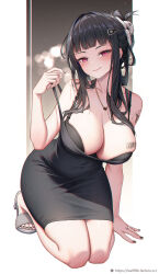 Rule 34 | 1girl, arm tattoo, black bra, black dress, black hair, black nails, bra, breasts, cleavage, closed mouth, d (killer wife) (nikke), d (nikke), dress, folded ponytail, full body, full nelson, glint, goddess of victory: nikke, hair ornament, hairclip, hayate (leaf98k), heart, heart necklace, highres, jewelry, kneeling, large breasts, long hair, looking at viewer, nail polish, necklace, red eyes, ring, sidelocks, smile, solo, strap pull, tattoo, taut clothes, taut dress, toenail polish, toenails, underwear, variant set