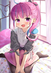 Rule 34 | 1girl, :d, ahoge, alternate costume, alternate hairstyle, black pantyhose, blue hair, blush, bow, braid, breasts, child, collared shirt, colored inner hair, commentary request, curtains, floral print, frills, hair bow, hands on own legs, highres, hololive, indoors, long hair, looking at viewer, minato aqua, multicolored hair, no shoes, on bed, open mouth, pantyhose, pillow, pink hair, pink skirt, plaid, polka dot, polka dot bow, ponytail, purple eyes, purple hair, saki (saki paint), shirt, sitting, skirt, smile, solo, streaked hair, twintails, two-tone hair, virtual youtuber, wariza, window