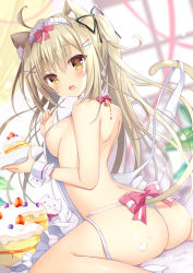 Rule 34 | 1girl, :o, ahoge, animal, animal ears, apron, areola slip, ass, blonde hair, blurry, bow, breasts, cake, cat, cat ears, cat girl, cat tail, depth of field, food, frills, hair ornament, hairclip, headdress, long hair, looking at viewer, looking back, medium breasts, naked apron, open mouth, original, panties, picpicgram, pink bow, ponytail, sitting, solo, tail, tail raised, underwear, wariza, white panties, wrist cuffs, x hair ornament, yellow eyes