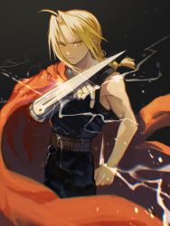 1boy automail belt belt_buckle black_background black_pants black_tank_top blonde_hair braid braided_ponytail brown_belt buckle cape clenched_hand closed_mouth edward_elric fullmetal_alchemist highres long_hair looking_at_viewer male_focus mechanical_arms pants prosthesis prosthetic_arm red_cape simple_background single_braid single_mechanical_arm solo tank_top upper_body yellow_eyes yowai78638