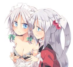 Rule 34 | 2girls, bad id, bad twitter id, bare shoulders, black bra, blue eyes, blush, bow, bra, braid, breast hold, breasts, cleavage, clothes around waist, colored eyelashes, commentary request, hair bobbles, hair bow, hair ornament, hand on hand, izayoi sakuya, lace, lace-trimmed bra, lace trim, leaning forward, leaning in, long hair, maid headdress, medium breasts, multiple girls, open clothes, open shirt, satou kibi, shinki (touhou), shirt, side ponytail, silver hair, strap slip, sweatdrop, touhou, touhou (pc-98), turtleneck, twin braids, underwear, white shirt, yuri