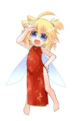 Rule 34 | 1girl, :d, ahoge, barefoot, blonde hair, blue eyes, china dress, chinese clothes, dress, fairy wings, fang, full body, hair bobbles, hair ornament, hand on own hip, kso, looking at viewer, meyuu (kso), one side up, open mouth, original, pointy ears, short hair, short sidetail, side ponytail, side slit, simple background, smile, solo, v, white background, wings