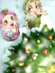 Rule 34 | 1boy, 1girl, aged down, blonde hair, boots, child, christmas tree, dress, footprints, from above, gradient background, holding hands, link, nintendo, open mouth, pointy ears, princess zelda, smile, snow, the legend of zelda, the legend of zelda: ocarina of time, tree, wasabi (legemd), young link, young zelda