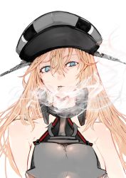 Rule 34 | 1girl, bad id, bad twitter id, bare shoulders, bismarck (kancolle), blonde hair, blue eyes, breasts, cigarette, hair between eyes, hat, highres, kantai collection, long hair, military, military hat, military uniform, okayu (papiko1111), open mouth, peaked cap, sailor hat, simple background, smoke, smoking, solo, uniform, white background