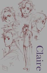 Rule 34 | 00s, 1boy, baccano!, character name, character sheet, claire stanfield, collared shirt, evil smile, expressionless, full body, hat, long sleeves, looking at viewer, male focus, multiple views, necktie, peaked cap, profile, shirt, smile, standing, sweatdrop, uniform, upper body