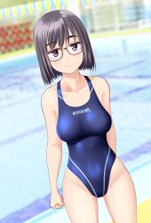 Rule 34 | 1girl, absurdres, black hair, blue one-piece swimsuit, breasts, brown eyes, clothes writing, collarbone, commentary request, competition swimsuit, cowboy shot, dutch angle, glasses, highleg, highleg swimsuit, highres, large breasts, one-piece swimsuit, original, pool, short hair, solo, standing, string of flags, swimsuit, takafumi, variant set