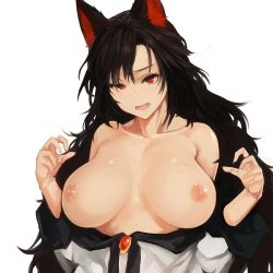 Rule 34 | 1girl, animal ear fluff, animal ears, bare shoulders, black hair, breasts, breasts apart, brooch, collarbone, commentary request, dress, fang, hair between eyes, hands up, head tilt, highres, imaizumi kagerou, jewelry, large breasts, long hair, long sleeves, looking at viewer, nipples, no bra, nuppehofu (nibuta), off-shoulder dress, off shoulder, red eyes, simple background, solo, sweat, touhou, upper body, very long hair, white background, white dress, wolf ears