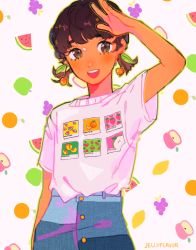 Rule 34 | 1girl, apple, blush, border, brown eyes, brown hair, cherry, denim, earrings, food, food-themed earrings, fruit, grapes, green apple, green border, hand up, highres, jeans, jewelry, leaf, lemon, open mouth, orange (fruit), orange slice, original, pants, peach, print shirt, routexx, shirt, shirt tucked in, short sleeves, signature, smile, solo, strawberry, twintails, watermelon, white background, white shirt