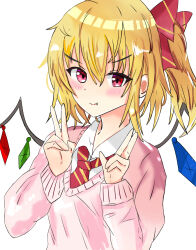 Rule 34 | 1girl, alternate costume, blonde hair, blush, bow, collared shirt, diagonal-striped clothes, diagonal-striped necktie, double v, fang, fang out, flandre scarlet, hair between eyes, hair bow, light smile, medium hair, multicolored wings, necktie, no headwear, one side up, pink sweater, red bow, red eyes, red necktie, shirt, solo, striped clothes, sweater, touhou, touhourennsyuu, upper body, v, v-shaped eyebrows, white shirt, wings