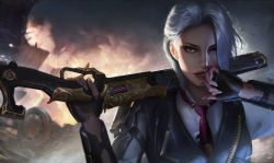 Rule 34 | 1girl, armor, ashe (overwatch), asymmetrical hair, blood, blood on face, cloud, cloudy sky, dated, earrings, fingerless gloves, gloves, gun, highres, jewelry, lever action, lips, lipstick, looking at viewer, makeup, mole, mole above mouth, necktie, nose, over shoulder, overwatch, overwatch 1, pauldrons, realistic, red lips, rifle, shoulder armor, sidelighting, signature, single pauldron, sky, solo, trigger discipline, upper body, vest, wang chen, weapon, weapon over shoulder, white hair, wiping face