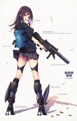 Rule 34 | 1girl, :d, armor, armored boots, arms note, artist name, assault rifle, bag, bionic joshikousei (fukai ryousuke), black legwear, blush, boots, brown eyes, brown hair, bullet casing, bullpup, cardigan, cellphone, collared shirt, explosive, eyebrows, female focus, from behind, fukai ryosuke, full body, grenade, gun, hair ornament, hairclip, hand grenade, less-than-lethal weapon, long hair, looking at viewer, looking back, magnetic weapon, open mouth, original, phone, rifle, school bag, school uniform, science fiction, shirt, smartphone, smile, solo, stun grenade, suppressor, talking, talking on phone, weapon, white background, white shirt