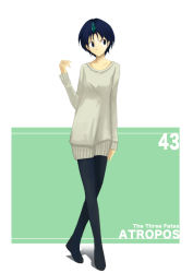 Rule 34 | 1girl, atropos (five star stories), blue eyes, blue hair, blue pantyhose, character name, crossed legs, english text, fatima (five star stories), five star stories, hand up, looking to the side, matching hair/eyes, otakeyan, pantyhose, short hair, simple background, solo, standing, sweater, watson cross