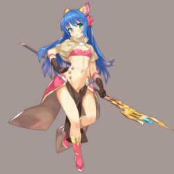 Rule 34 | 1girl, :o, animal ears, blue hair, blush, boots, bow, breasts, brown background, brown gloves, character request, commentary request, elbow gloves, gloves, green eyes, groin, hair between eyes, hair bow, hand on own hip, head tilt, highres, holding, holding staff, knee boots, long hair, looking at viewer, navel, parted lips, pink bow, pink footwear, pussy, pussy peek, ragnarok online, revealing clothes, simple background, small breasts, solo, staff, standing, standing on one leg, tsudero, very long hair